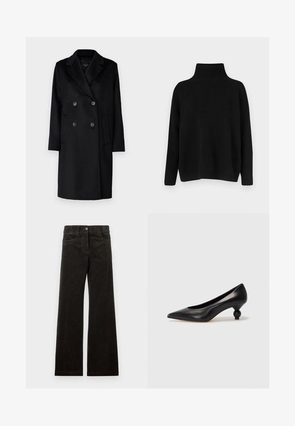 Black double-breasted coat with sharp lapels, two buttons, and side pockets. Made of a textured fabric, featuring a straight cut and long sleeves.; Black knitted sweater with a high ribbed collar, dropped shoulders, and a relaxed fit. Features ribbed cuffs and hem for texture.; Black corduroy wide-leg pants featuring front pockets, a button closure, and vertical ribbed texture. Smooth fabric with a subtle sheen.; Black leather high heel shoe with a pointed toe and a round, balled heel. Smooth texture with a sleek, minimal design.