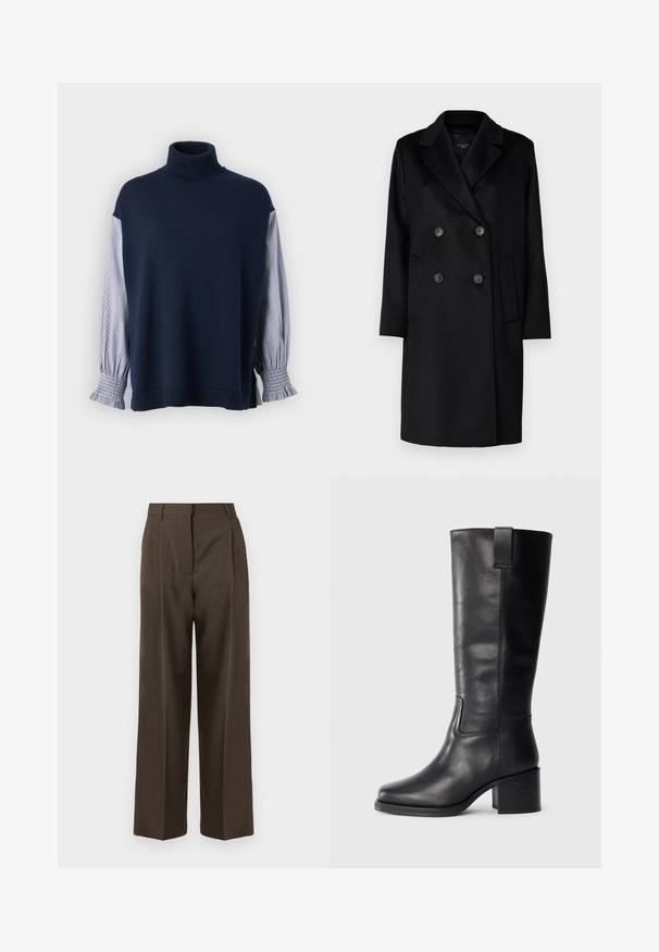 Black double-breasted coat with sharp lapels, two buttons, and side pockets. Made of a textured fabric, featuring a straight cut and long sleeves.; Navy knitted sweater with high collar, featuring striped fabric sleeves and ruffled cuffs. Soft texture, loose fit, and seam detailing.; Brown wide-leg trousers with a smooth texture, featuring a high waist, front pleats, and a tailored design. No visible pockets or embellishments.; Black leather knee-high boots with a smooth texture, square toe, block heel, and side pull tab, featuring minimal stitching details.