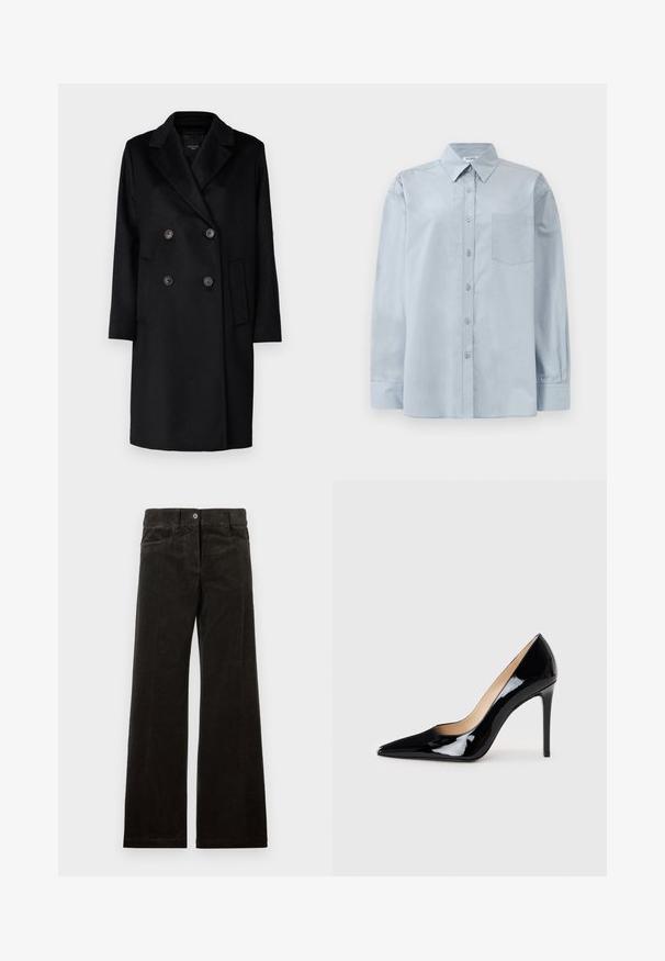 Black double-breasted coat with sharp lapels, two buttons, and side pockets. Made of a textured fabric, featuring a straight cut and long sleeves.; Light blue long-sleeve button-up shirt with pointed collar and chest pocket, laid flat on a white background.; Black corduroy wide-leg pants featuring front pockets, a button closure, and vertical ribbed texture. Smooth fabric with a subtle sheen.; Black patent leather high-heeled pump with a pointed toe design and a sleek silhouette. Features a smooth, shiny finish and a slender stiletto heel.