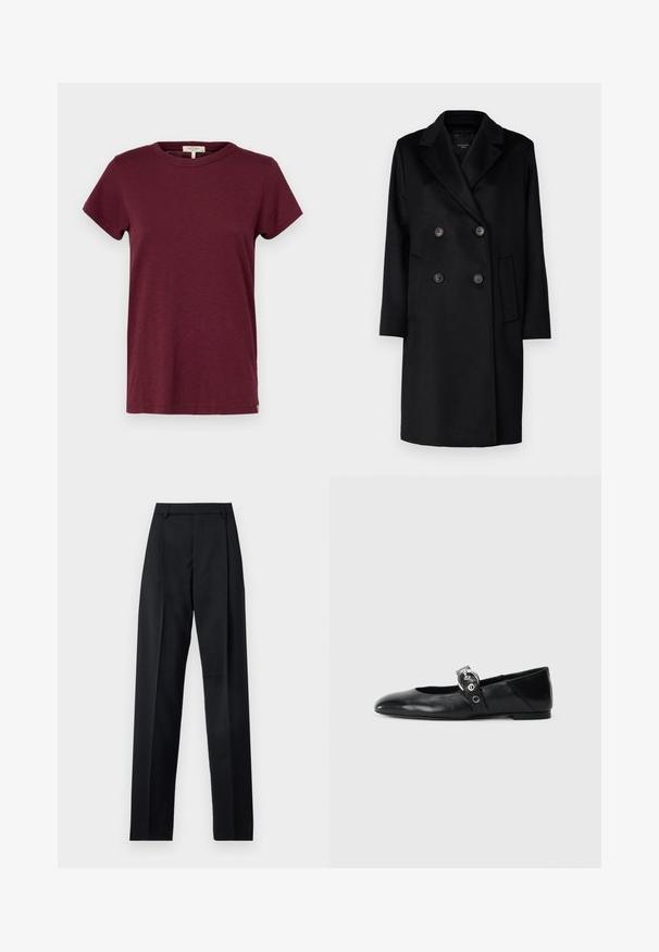 Schwarzer doppeltknöpfbarer Mantel mit scharfen Revers, zwei Knöpfen und Seitentaschen. Hergestellt aus einem strukturierten Stoff, mit gerader Passform und langen Ärmeln.; rag & bone THE SLUB - T-Shirt basic - burgundy; Schwarze Hosen aus glattem Stoff mit hoher Taille, weitem Bein, vorderen Falten und klassischen Gürtelschlaufen. Keine sichtbaren Seitentaschen.; Schwarze Ballettflat mit spitzer Spitze, ausgestattet mit einem Riemen und einer runden, metallischen Schnalle sowie einer flachen Sohle.