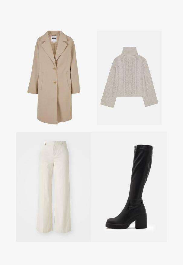 Bežový kabát z vlnenej zmesi s klopovým golierom, dvoma gombíkmi, bočnými vreckami a voľným strihom. Má hladký, textúrovaný povrch.; Zastrihnutý svetlý sivý pletený sveter s vysokým golierom a rebrovanými manžetami, so štruktúrovanými káblovými vzormi na chrbte a po stranách.; Široké nohavice svetlej béžovej farby, vyrobené z hladkej textílie. Majú klasický pás a rovný predok s čistými líniami.; Čierne vysoké čižmy vyrobené z hladkého syntetického materiálu, s hrubým blokovým podpätkom a štíhlym dizajnom s elastickým vrcholom.