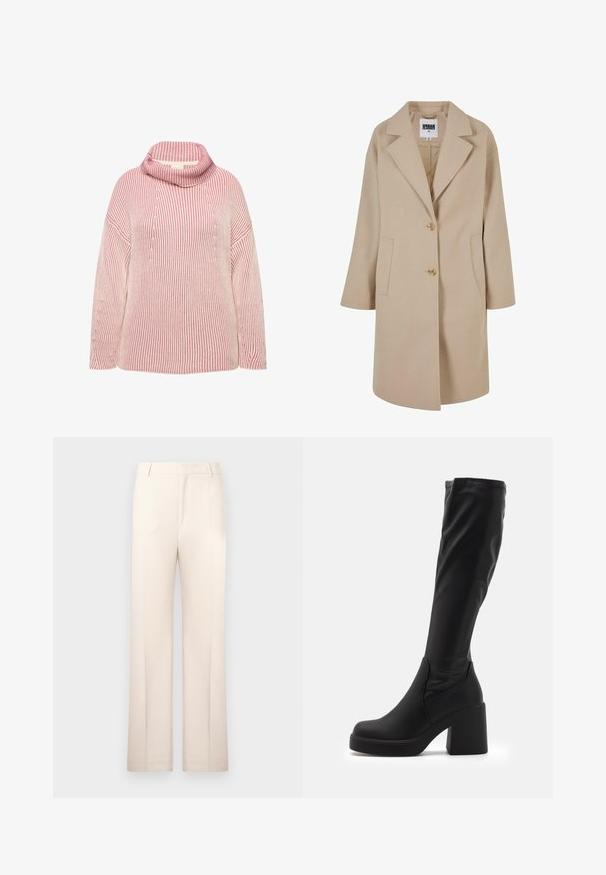 Beige Wollmischungsjacke mit Reverskragen, zwei Knöpfen, Seitentaschen und lockerer Passform. Verfügt über eine glatte, strukturierte Oberfläche.; Gestreifter Pullover in Pink und Creme mit Stehkragen, der eine gerippte Textur und eine lockere Passform aufweist. Lange Ärmel und lässiger Schulterschnitt.; Beige maßgeschneiderte Hose mit geradem Schnitt, aus leichtem Stoff gefertigt. Sie verfügt über Vorderfalten und einen klassischen Bund.; Schwarze knielange Stiefel aus glattem Synthetikmaterial mit einem dicken Blockabsatz und einem schlanken Design mit elastischem oberen Rand.