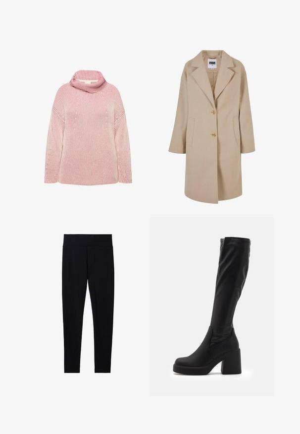 Beige Wollmischungsjacke mit Reverskragen, zwei Knöpfen, Seitentaschen und lockerer Passform. Verfügt über eine glatte, strukturierte Oberfläche.; Gestreifter Pullover in Pink und Creme mit Stehkragen, der eine gerippte Textur und eine lockere Passform aufweist. Lange Ärmel und lässiger Schulterschnitt.; Schwarze dehnbare Leggings mit einem breiten, weichen Taillenbund, die eine glatte Textur und eine figurbetonte Silhouette aufweisen, geeignet für verschiedene Aktivitäten.; Schwarze knielange Stiefel aus glattem Synthetikmaterial mit einem dicken Blockabsatz und einem schlanken Design mit elastischem oberen Rand.