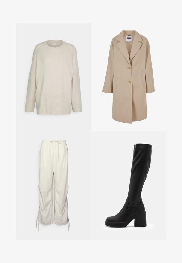 Beige Wollmischungsjacke mit Reverskragen, zwei Knöpfen, Seitentaschen und lockerer Passform. Verfügt über eine glatte, strukturierte Oberfläche.; Cremefarbener Pullover aus weichem Strickmaterial, mit geripptem Saum und Bündchen, rundem Halsausschnitt und einem lockeren, entspannten Schnitt.; Leinen-Mix-Hose in Off-White mit elastischem Bund, Kordelzug und seitlichen Schlitzen am Saum für eine verstellbare Passform.; Schwarze knielange Stiefel aus glattem Synthetikmaterial mit einem dicken Blockabsatz und einem schlanken Design mit elastischem oberen Rand.