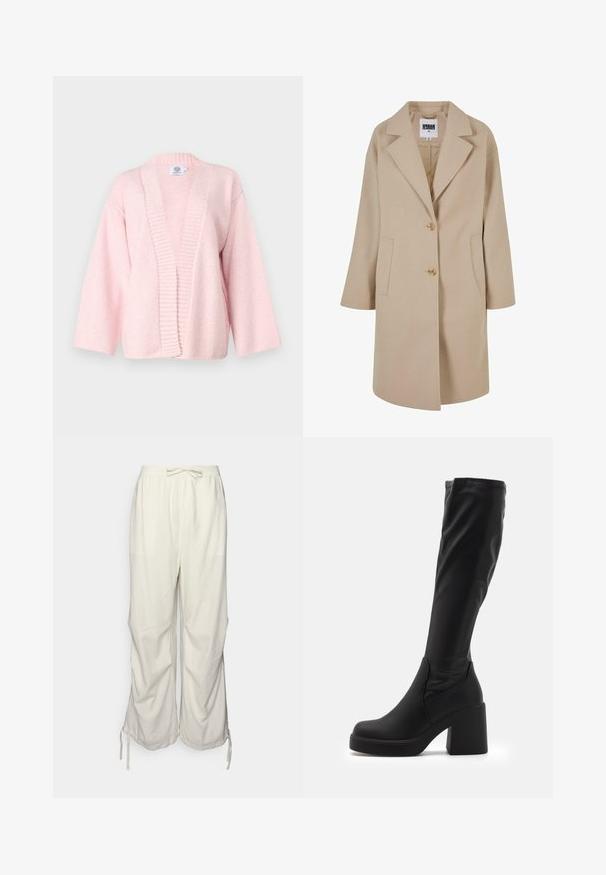 Beige villa sekoitetakki, jossa on lovettu kaulus, kaksi nappia, sivutaskut ja löysä istuvuus. Ominaisuudet ovat sileä, teksturoitu pinta.; Vaaleanpunainen neuletakki, joka on valmistettu pehmeästä, teksturoidusta kankaasta. Ominaisuuksiin kuuluvat leveä avoin etuosa, ribbireunat ja kyynärtaihiolle ulottuvat hihat. Ei kiinnityksiä.; Linen-sekoitetut housut off-white värissä, joissa on joustava vyötärö, naru ja sivuhalkiot hemessä säätömahdollisuutta varten.; Mustat, polvipituiset saappaat, jotka on valmistettu sileästä synteettisestä materiaalista. Saappaissa on paksu lohkare korko ja virtaviivainen muotoilu, jossa on venytetty yläosa.