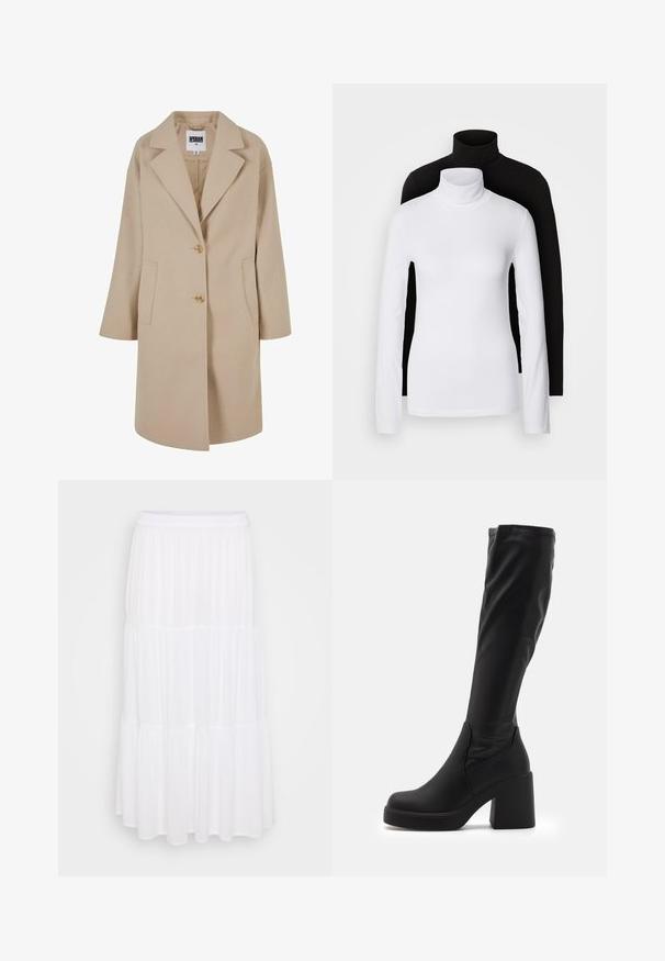 Beige kabát z vlněné směsi s klopový límcem, dvěma knoflíky, bočními kapsami a volným střihem. K dispozici s hladkým, texturovaným povrchem.; Dvě dlouhé rolákové topy, jeden bílý a jeden černý, vyrobené z hladkého, elastického materiálu, oba s přiléhavým střihem a vysokými límci.; Bílá maxi sukně s vrstveným střihem vyrobená z lehkého materiálu, vybavená elastickým pasem a splývavou texturou s jemnými nařasenými detaily.; Černé vysoké kozačky vyrobené z hladkého syntetického materiálu, s širokým blokovým podpatkem a elegantním designem s elastickým vrškem.