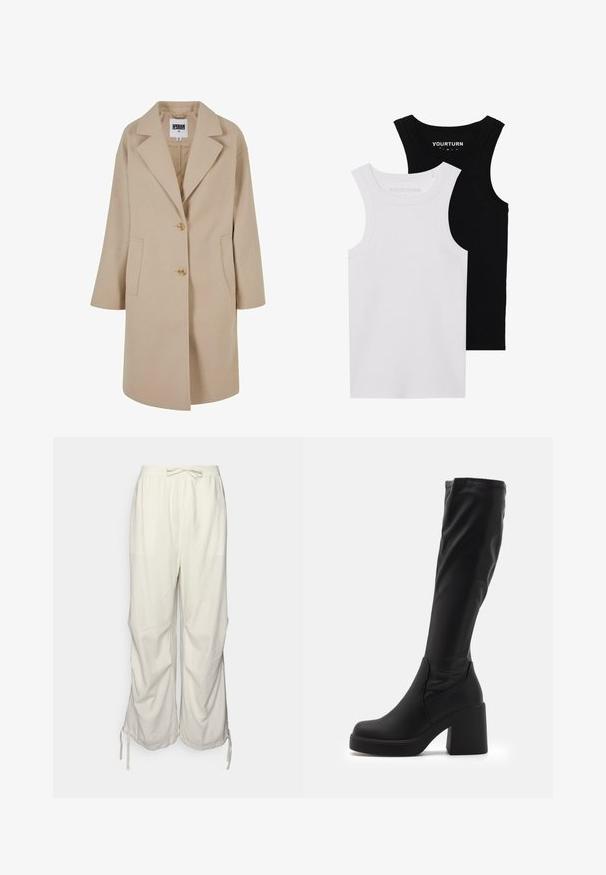 Abrigo de mezcla de lana beige con cuello de muesca, dos botones, bolsillos laterales y un corte holgado. Presenta un acabado suave y texturizado.; Dos tops de tirantes ajustados en negro y blanco. Están hechos de algodón acanalado, cuentan con tirantes anchos y escote redondeado. Con la marca en el cuello.; Pantalones de mezcla de lino en color blanco roto con cintura elástica, cordón y aberturas laterales en el dobladillo para un ajuste ajustable.; Botas negras hasta la rodilla, elaboradas en material sintético liso, con un grueso tacón cuadrado y un diseño aerodinámico con parte superior elasticada.