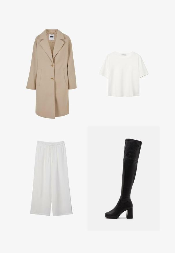 Beige Wollmischungsjacke mit Reverskragen, zwei Knöpfen, Seitentaschen und lockerer Passform. Verfügt über eine glatte, strukturierte Oberfläche.; Weißes T-Shirt mit kurzen Ärmeln aus Baumwolle. Hat einen Rundhalsausschnitt und eine lockere Passform. Glatte Textur ohne sichtbare Muster oder Akzente.; Weiße, weit geschnittene Hosen aus leichtem Stoff, mit einem elastischen Bund und einem Zugband für eine verstellbare Passform. Glatte Textur.; Schwarze Überknie-Stiefel aus glattem Leder, mit einem klobigen, quadratischen Absatz und einer enganliegenden Form mit nahtlosen Kanten.