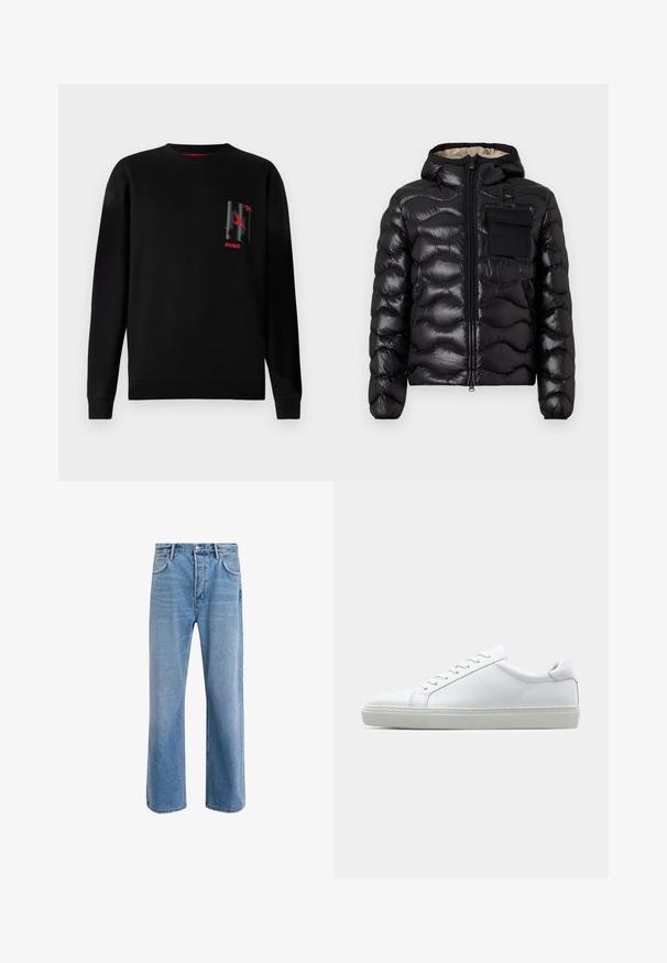 Giacca a vento nera con cappuccio, design trapuntato, chiusura con zip sul davanti e tasca sul petto. Presenta un tessuto lucido e testurizzato con polsini elasticizzati.; Felpa nera in cotone con maniche lunghe, caratterizzata da una grafica grigia e rossa sul petto sinistro, e polsini e orlo a coste.; Jeans in denim blu chiaro con design a gamba dritta, cinque tasche, chiusura con bottone, leggero sbiadimento e dettagli di cucitura a contrasto.; Sneaker bianco con tomaia in pelle liscia e profilo basso. Presenta una punta arrotondata, sei occhielli e una suola in gomma testurizzata.