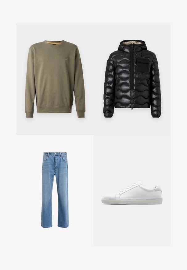 Zwarte pufferjack met capuchon, gewatteerd ontwerp, ritssluiting aan de voorkant en een borstzak. Heeft een glanzende, gestructureerde stof met elastische manchetten.; Olijfgroene sweatshirt van een zachte katoenmix, met een ronde hals, geribde boorden en een klein logo-opdruk op de borst.; Lichtblauwe denim jeans met een straight-leg ontwerp, vijf zakken, knoopsluiting, minimale vervaging en contrasterende stikseldetails.; Witte sneaker met een gladlederen bovenwerk en een laag profiel. Voorzien van een ronde neus, zes vetergaatjes en een gestructureerde rubberen zool.
