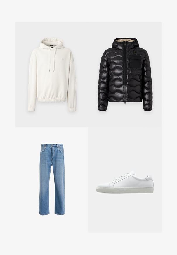 Schwarze Pufferjacke mit Kapuze, gestepptem Design, Reißverschluss vorne und einer Brusttasche. Aus glänzendem, strukturiertem Stoff mit elastischen Bündchen.; Helle beige Kapuzenjacke aus weichem Stoff, mit einer Kordelzugkapuze, elastischen Bündchen und einem taillierten Saum. Kleines Logodetail auf der Brust.; Helle blaue Jeans im Geradeschnitt-Design, mit fünf Taschen, Knopfverschluss, minimaler Ausbleichung und kontrastierenden Nähdetails.; Weißer Sneaker mit glattem Lederobermaterial und niedrigem Profil. Verfügt über eine runde Zehenpartie, sechs Ösen und eine strukturierte Gummisohle.