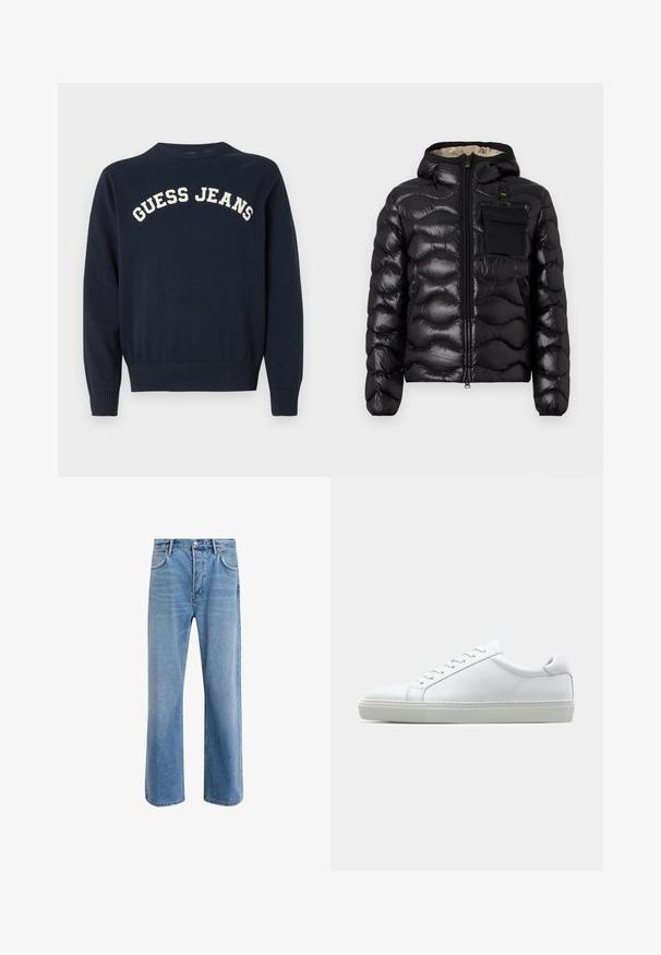 Zwarte pufferjack met capuchon, gewatteerd ontwerp, ritssluiting aan de voorkant en een borstzak. Heeft een glanzende, gestructureerde stof met elastische manchetten.; Donkerblauwe gebreide trui met een ronde hals en geribbelde manchetten, met "GUESS JEANS" in crème borduursel op de borst.; Lichtblauwe denim jeans met een straight-leg ontwerp, vijf zakken, knoopsluiting, minimale vervaging en contrasterende stikseldetails.; Witte sneaker met een gladlederen bovenwerk en een laag profiel. Voorzien van een ronde neus, zes vetergaatjes en een gestructureerde rubberen zool.