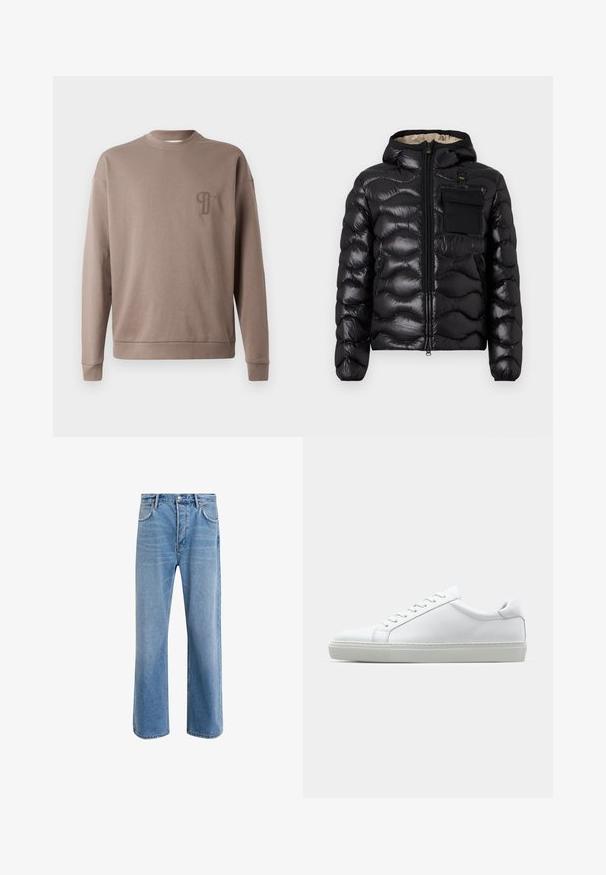 Giacca a vento nera con cappuccio, design trapuntato, chiusura con zip sul davanti e tasca sul petto. Presenta un tessuto lucido e testurizzato con polsini elasticizzati.; Felpa marrone con collo rotondo, maniche lunghe e polsini a coste. Presenta un piccolo logo ricamato sul petto. Materiale in cotone morbido.; Jeans in denim blu chiaro con design a gamba dritta, cinque tasche, chiusura con bottone, leggero sbiadimento e dettagli di cucitura a contrasto.; Sneaker bianco con tomaia in pelle liscia e profilo basso. Presenta una punta arrotondata, sei occhielli e una suola in gomma testurizzata.