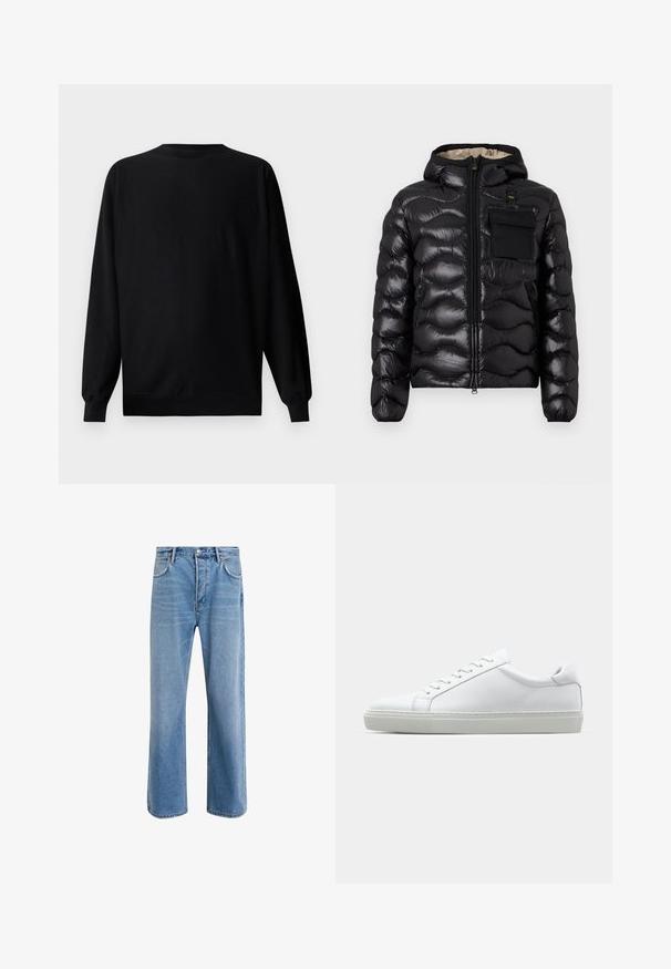 Svart puffjakke med hette, quiltet design, glidelås foran og brystlomme. Har blankt, strukturert stoff med elastiske mansjetter.; Svart hettegenser med lange ermer, rund hals og ribbestrikkede mansjetter. Har en subtil preget logo på venstre brystområde.; Lys blå denimjeans med rett ben-design, fem lommer, knappeåpning, minimal falming og kontrasterende sømdetaljer.; Hvit sneakers med en glatt skinnoverdel og lav profil. Har en rund tå, seks snøring hull, og en teksturert gummisåle.