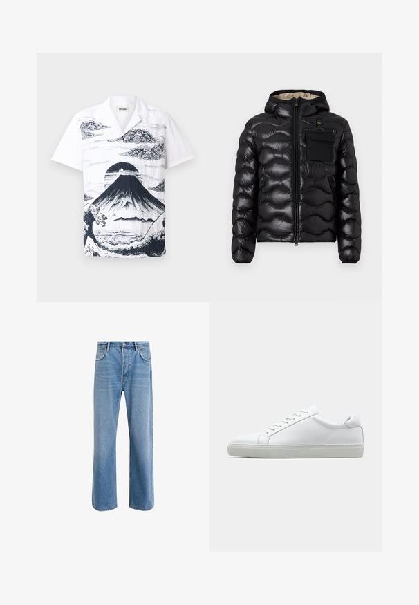 Černá prošívaná bunda s kapucí, zipem vpředu a náprsní kapsou. Obsahuje lesklou, strukturovanou látku s elastickými manžetami.; Bílá košile s krátkým rukávem se stříbrnou ilustrací hory Fuji, doplněná obláčky a vlnami. Vyrobena z lehkého materiálu s volným střihem.; Světle modré džínové kalhoty s rovnými nohavicemi, pěti kapsami, zapínáním na knoflík, minimálním vyblednutím a kontrastním prošitím.; Bílé tenisky s hladkým koženým svrškem a nízkým profilem. Mají zaoblenou špičku, šest nýtů a texturovanou gumovou podrážku.