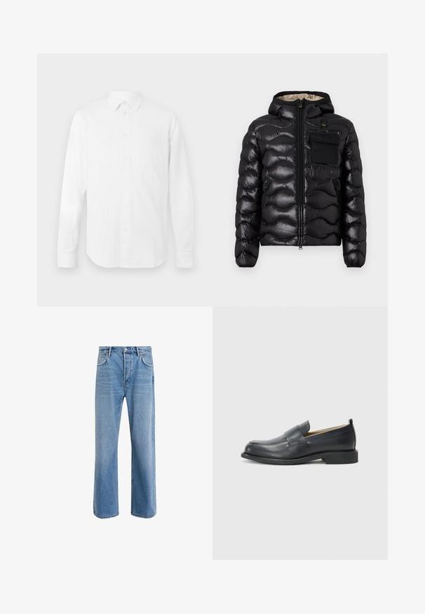 Črna puhovka s kapuco, s prešitim dizajnom, z zadrgo spredaj in žepom na prsih. Ima sijoč, teksturiran material in elastične manšete.; Bela srajca z dolgimi rokavi iz teksturirane tkanine, s klasičnim ovratnikom, sprednjim gumbom in ravnim robom, sproščenega kroja.; Svetlo modre denim kavbojke s ravno nogavico, petimi žepi, z gumbom za zapiranje, minimalnim zbledelostjo in kontrastnimi šivi.; Črne usnjene loaferje z gladko površino, ravnim podplatom in okroglo konico ter dekorativnim trakom čez zgornji del.