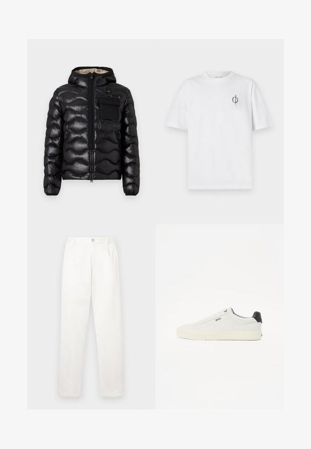 Svart puffjakke med hette, quiltet design, glidelås foran og brystlomme. Har blankt, strukturert stoff med elastiske mansjetter.; Hvit bomull t-skjorte med avslappet passform, med en liten svart grafisk logo på venstre brystområde. Korte ermer, rund hals.; Hvite bukser laget av glatt stoff, med rett ben-design, frontfolder og en enkelt knappelukking i livet.; Hvite lær sneakers med teksturert finish, med svart hælkappe, rund tå og merket side logo i svart. Lett gummisåle.