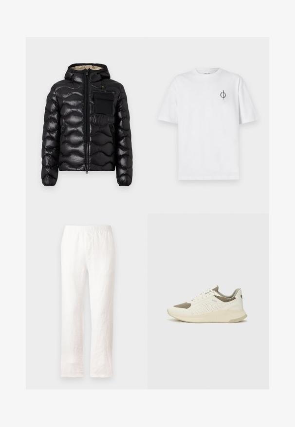 Čierna nadýchaná bunda s kapucňou, prešitou konštrukciou, predným zipsom a vreckom na hrudi. Vlastnosti zahŕňajú lesklú, textúrovanú látku s elastickými manžetami.; Biela bavlnená tričko s voľným strihom, s malým čiernym grafickým logom na ľavej strane hrudníka. Krátke rukávy, okrúhly výstrih.; Biele ľanové nohavice s elastickým pásom, rovný strih a mierne textúrovaná látka. Bez vzorov alebo ďalších detailov.; Biele a svetlo béžové športové tenisky s hornou časťou z mriežkového materiálu, perforovanými detailmi a textúrovanou medzipodrážkou s logom na päte.