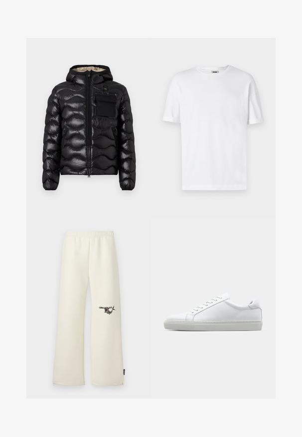 Črna puhovka s kapuco, s prešitim dizajnom, z zadrgo spredaj in žepom na prsih. Ima sijoč, teksturiran material in elastične manšete.; Bela bombažna majica s kratkimi rokavi, ovratnikom v krogu in zavitimi manšeti; brez okrasnih elementov, mehak pridih in ravna kroja.; Kremaste hlače s sproščenim krojem, elastičnim pasom in stranskimi žepi. Imajo potiskan vzorec na levem stegnu.; Bela športna obutev z gladkim usnjenim zgornjim delom in nizkim profilom. Ima zaokrožen nos, šest lukenj za vezalke in teksturiran gumijast podplat.
