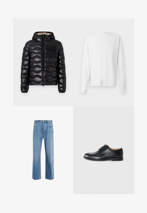 Giacca a vento nera con cappuccio, design trapuntato, chiusura con zip sul davanti e tasca sul petto. Presenta un tessuto lucido e testurizzato con polsini elasticizzati.; Camicia bianca in cotone a maniche lunghe con scollatura rotonda, spacchi laterali in fondo e una texture liscia, mostrata da dietro.; Jeans in denim blu chiaro con design a gamba dritta, cinque tasche, chiusura con bottone, leggero sbiadimento e dettagli di cucitura a contrasto.; Calvin Klein Stringate eleganti - triple black