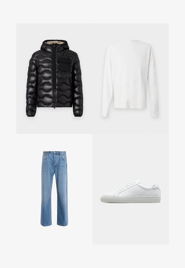 Chaqueta acolchada negra con capucha, diseño acolchado, cierre frontal con cremallera y un bolsillo en el pecho. Presenta una tela brillante y texturizada con puños elásticos.; Camisa de algodón blanca de manga larga con cuello redondo, aberturas laterales en la parte inferior y una textura suave, exhibida desde la parte de atrás.; Jeans de mezclilla azul claro con un diseño de pierna recta, cinco bolsillos, cierre de botón, ligeramente desgastados y detalles de costura en contraste.; Zapatilla blanca con parte superior de cuero liso y perfil bajo. Presenta una puntera redondeada, seis ojales y una suela de goma texturizada.