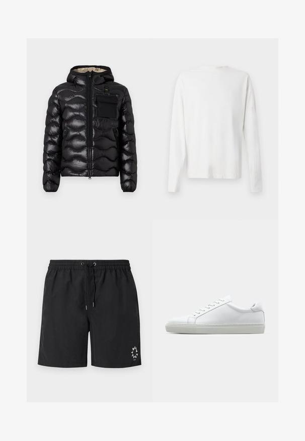 Sort puffjakke med hætte, quilted design, lynlås foran og en brystlomme. Har skinnende, struktureret stof med elastiske manchetter.; Langærmet hvid bomulds skjorte med rund halsudskæring, sideslids i bunden og en glat overflade, vist bagfra.; Sorte svøm shorts lavet af letvægtsstof. Elastisk talje med snoretræk og sølvspidsede ender. Logo trykt i hvid i nederste venstre hjørne.; Hvide sneakers med en glat læderoverdel og lav profil. Har en rund tå, seks snørehuller og en tekstureret gummisål.