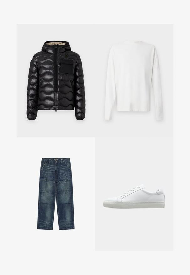 Czarna kurtka puchowa z kapturem, pikowany wzór, zamek z przodu i kieszeń na piersi. Posiada błyszczący, teksturowany materiał oraz elastyczne mankiety.; Biała, bawełniana koszula z długim rękawem, okrągłym dekoltem, bocznymi rozcięciami na dole oraz gładką fakturą, wyeksponowana z tyłu.; Jeansowe spodnie cargo w ciemnoniebieskim kolorze, z wieloma kieszeniami z przodu i po bokach, luźnym krojem, widocznym szwem i lekko postarzonym wykończeniem.; Białe sneakersy z gładką skórzaną cholewką i niskim profilem. Posiadają okrągły nos, sześć dziurek na sznurówki oraz teksturowaną gumową podeszwę.