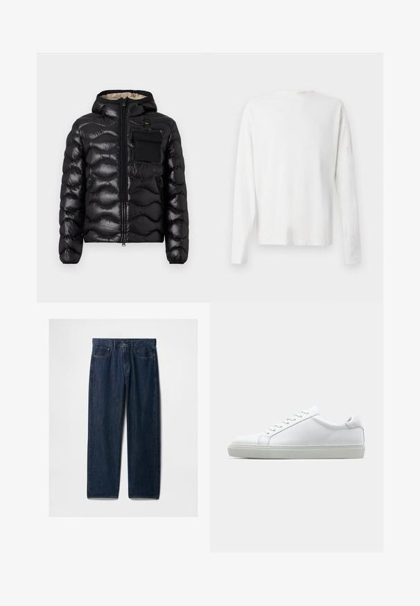 Juodas pūkinis švarkas su kapišonu, su siuvinėtu dizainu, priekiniais užtrauktukais ir krūtine kišenė. Pagamintas iš blizgios, tekstūruotos medžiagos su elastiniais rankogaliais.; Ilgų rankovių baltas medvilninis marškinis su apvalia iškirpte, šonuose su plyšiais apačioje ir lygia tekstūra, rodomas iš nugaros.; Tamsiai mėlynos tiesios kojos džinsinės kelnės su penkiais kišenėmis, užtrauktuku ir klasikinio siuvimo raštu. Nėra matomų dėvėjimosi požymių ar dekoracijų.; Baltas sportinis batelis su lygiu odiniu paviršiumi ir žemu profiliu. Turi suapvalintą pirštą, šešis akių skyrius ir tekstūruotą gumos padą.