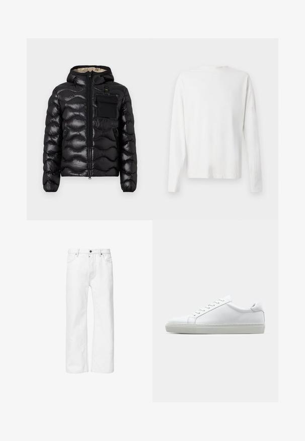 Zwarte pufferjack met capuchon, gewatteerd ontwerp, ritssluiting aan de voorkant en een borstzak. Heeft een glanzende, gestructureerde stof met elastische manchetten.; Witte katoenen blouse met lange mouwen en een ronde halslijn, met zijsplitten aan de onderkant en een gladde textuur, vanuit de achterkant weergegeven.; Witte denim jeans met een rechte pasvorm, standaard vijf-pocket ontwerp en metalen knoopsluiting in de taille, met ton-sur-ton stiksel.; Witte sneaker met een gladlederen bovenwerk en een laag profiel. Voorzien van een ronde neus, zes vetergaatjes en een gestructureerde rubberen zool.
