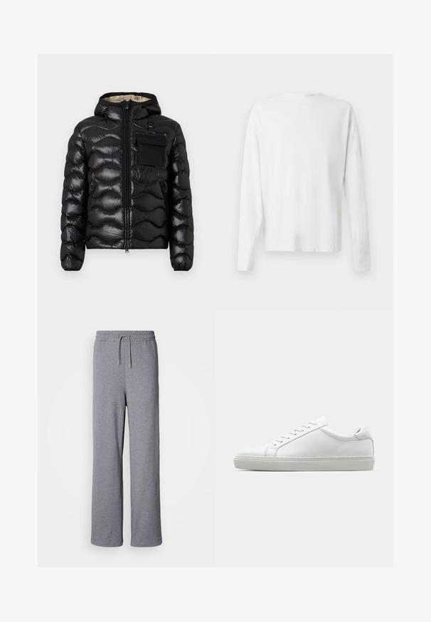 Čierna nadýchaná bunda s kapucňou, prešitou konštrukciou, predným zipsom a vreckom na hrudi. Vlastnosti zahŕňajú lesklú, textúrovanú látku s elastickými manžetami.; Biela bavlnená košeľa s dlhými rukávmi a okrúhlym výstrihom, s bočnými rozparkami na spodku a hladkou textúrou, zobrazená zozadu.; Šedé, široké tepláky vyrobené z mäkkého materiálu; majú elastický pás so šnúrkou a žiadne vrecká. Jednoduchý, nezdobený dizajn.; Biele tenisky s hladkým koženým zvrškom a nízkym profilom. Majú zaoblenú špičku, šesť očiek a štruktúrovanú gumovú podrážku.