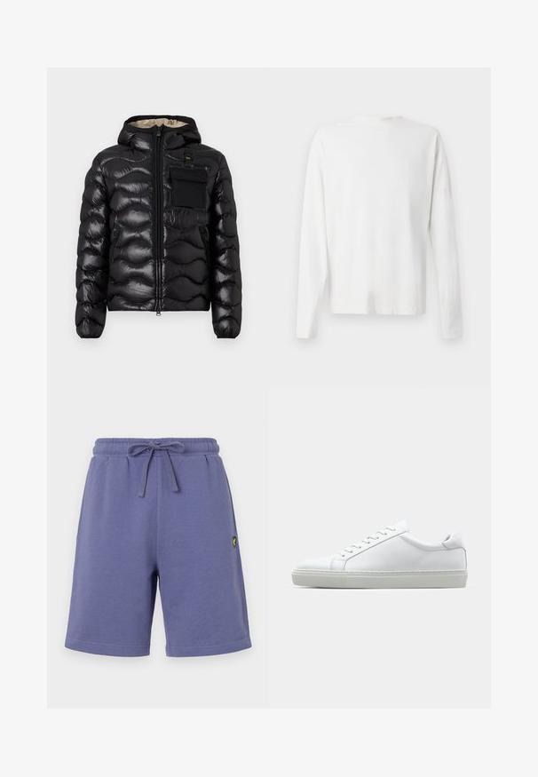 Schwarze Pufferjacke mit Kapuze, gestepptem Design, Reißverschluss vorne und einer Brusttasche. Aus glänzendem, strukturiertem Stoff mit elastischen Bündchen.; Langärmliges weißes Baumwollhemd mit rundem Ausschnitt, seitlichen Schlitzen am unteren Rand und glatter Textur, von hinten präsentiert.; Lila Baumwollshorts mit elastischem Bund und Kordelzug. Verfügt über Seitentaschen und ein kleines gelbes Logo am linken Bein.; Weißer Sneaker mit glattem Lederobermaterial und niedrigem Profil. Verfügt über eine runde Zehenpartie, sechs Ösen und eine strukturierte Gummisohle.