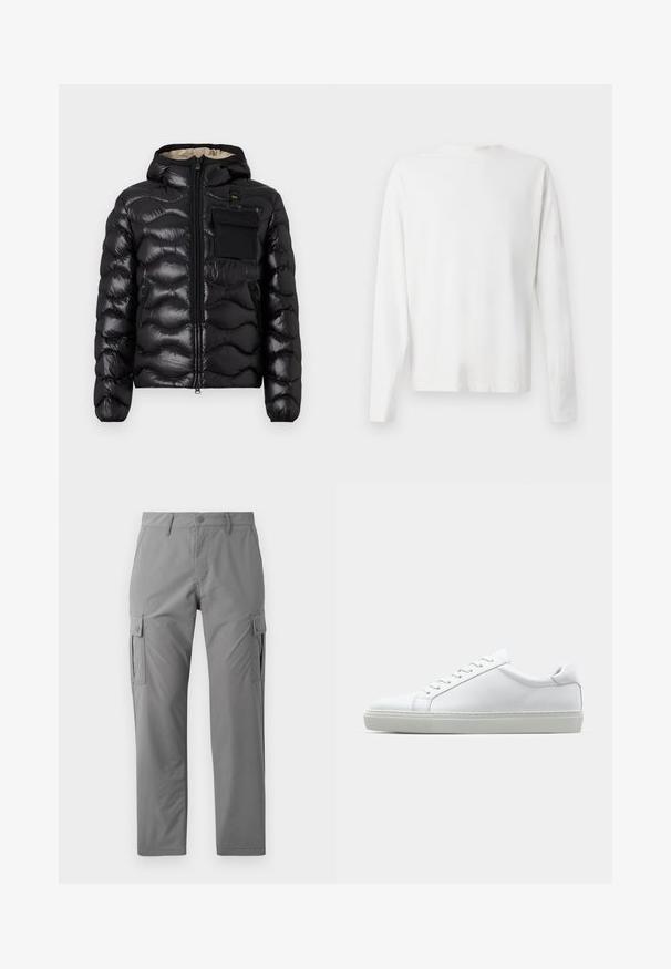 Černá prošívaná bunda s kapucí, zipem vpředu a náprsní kapsou. Obsahuje lesklou, strukturovanou látku s elastickými manžetami.; Bílá bavlněná košile s dlouhým rukávem a kulatým výstřihem, s bočními rozparky na spodní části a hladkým povrchem, vystavená zezadu.; Jack & Jones JPSTKARL KURTIS SNAP TECH - Kapsáče - castle rock; Bílé tenisky s hladkým koženým svrškem a nízkým profilem. Mají zaoblenou špičku, šest nýtů a texturovanou gumovou podrážku.