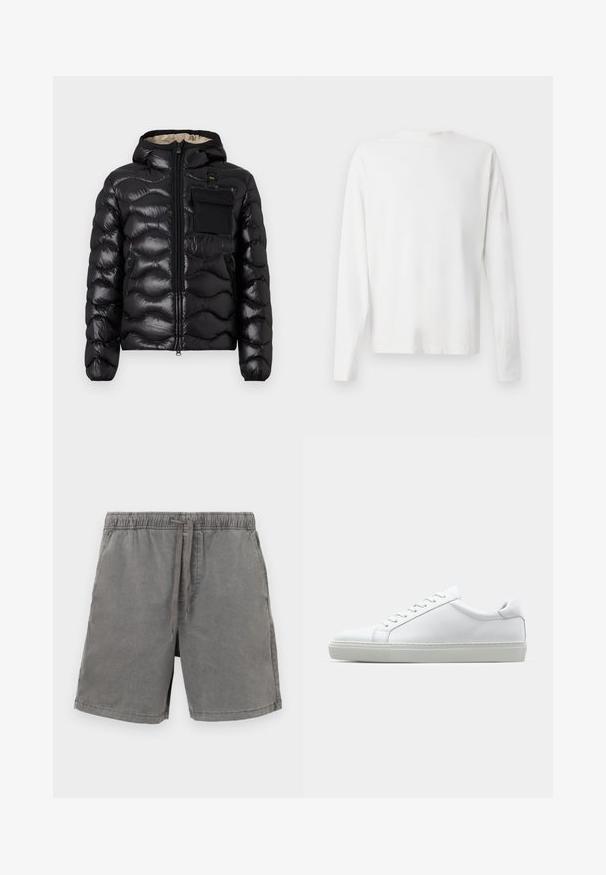 Mustat puffatakki hupulla, tikattu muotoilu, vetoketjukiinnitys edessä ja rintatasku. Ominaisuuksiin kuuluu kiiltävä, teksturoitu kangas ja joustavat hihansuut.; Pitkähihaisesta valkoisesta puuvillapaidasta, jossa on pyöreä pääntie, sivuhaalareita alaosassa ja sileä pinta, näkyy takaa.; Harmaat puuvillashortsit, joissa on joustava vyötärö, suora leikkaus ja yksi sivutasku. Sileä pinta ja rento muotoilu.; Valkoinen tennari, jossa on sileä nahkapäällinen ja matala profiili. Ominaisuuksiin kuuluu pyöreä kärki, kuusi rei'itystä ja teksturoitu kumipohja.