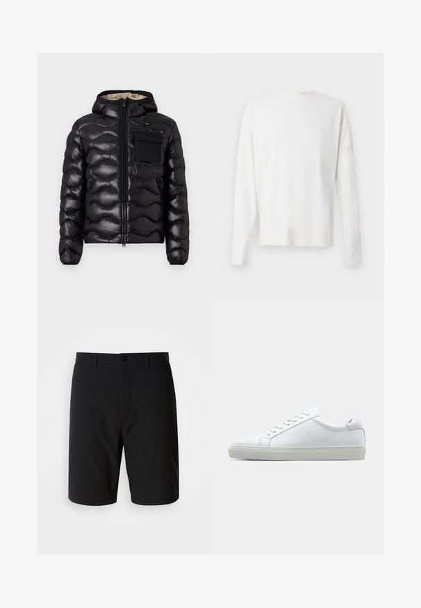 Black puffer jacket with a hood, quilted design, zipper front, and a chest pocket. Features shiny, textured fabric with elastic cuffs.; Long-sleeved white cotton shirt with a round neckline, side slits at the bottom, and a smooth texture, displayed from the back.; Black shorts made of a smooth, lightweight fabric. They feature a button closure and a clean, straight cut with no visible patterns.; White sneaker with a smooth leather upper and a low profile. Features a rounded toe, six eyelets, and a textured rubber sole.