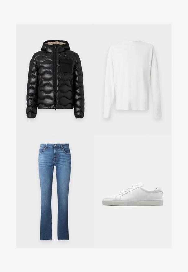 Mustat puffatakki hupulla, tikattu muotoilu, vetoketjukiinnitys edessä ja rintatasku. Ominaisuuksiin kuuluu kiiltävä, teksturoitu kangas ja joustavat hihansuut.; Pitkähihaisesta valkoisesta puuvillapaidasta, jossa on pyöreä pääntie, sivuhaalareita alaosassa ja sileä pinta, näkyy takaa.; Siniset farkut suoran lahkeen muotoilulla, jossa on vaaleaa kulumista, viisi taskua ja metalliosat. Vyötäröosassa on vyölenkit.; Valkoinen tennari, jossa on sileä nahkapäällinen ja matala profiili. Ominaisuuksiin kuuluu pyöreä kärki, kuusi rei'itystä ja teksturoitu kumipohja.