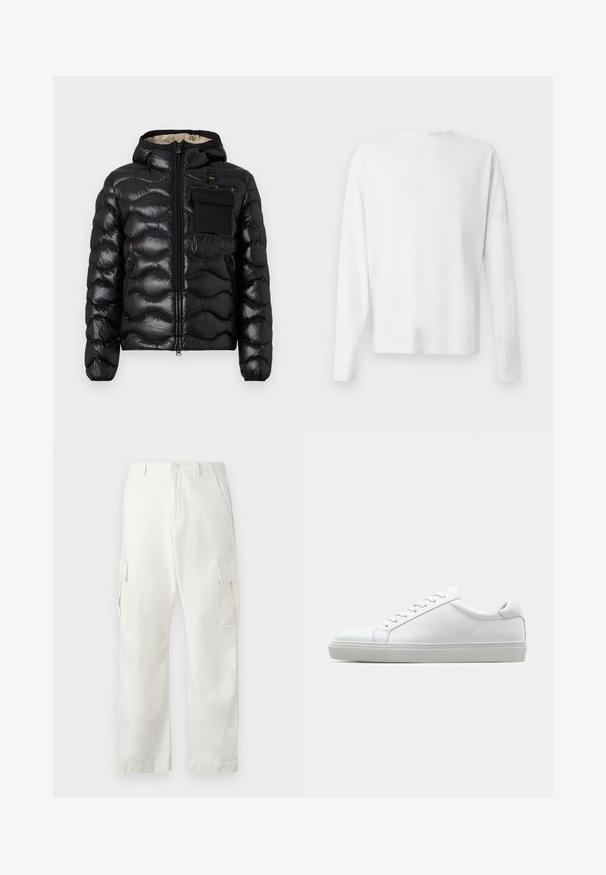 Czarna kurtka puchowa z kapturem, pikowany wzór, zamek z przodu i kieszeń na piersi. Posiada błyszczący, teksturowany materiał oraz elastyczne mankiety.; Biała, bawełniana koszula z długim rękawem, okrągłym dekoltem, bocznymi rozcięciami na dole oraz gładką fakturą, wyeksponowana z tyłu.; Białe spodnie cargo wykonane z bawełny, z prostym krojem nogawki, dwiema kieszeniami bocznymi oraz dwiema kieszeniami cargo na udach.; Białe sneakersy z gładką skórzaną cholewką i niskim profilem. Posiadają okrągły nos, sześć dziurek na sznurówki oraz teksturowaną gumową podeszwę.