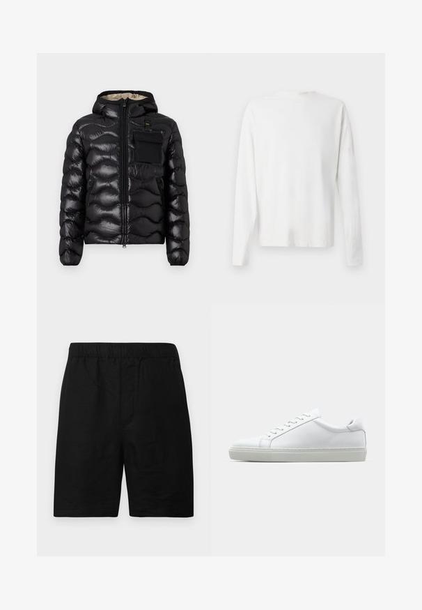 Svart puffjakke med hette, quiltet design, glidelås foran og brystlomme. Har blankt, strukturert stoff med elastiske mansjetter.; Langermet hvit bomullsskjorte med rund hals, sidespalter nederst og en jevn tekstur, vist fra baksiden.; Sorte shorts med elastisk midjebånd, laget av et teksturert stoff, med en rett fasong og uten synlige lommer eller detaljer.; Hvit sneakers med en glatt skinnoverdel og lav profil. Har en rund tå, seks snøring hull, og en teksturert gummisåle.