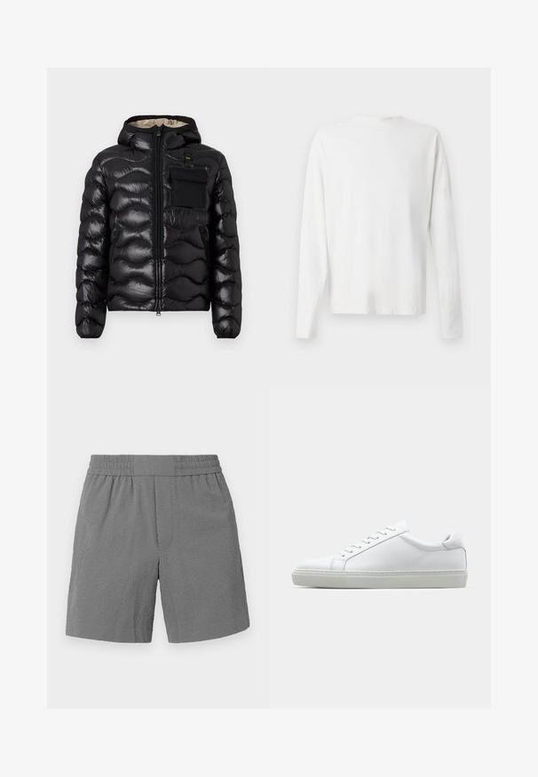 Svart puffjakke med hette, quiltet design, glidelås foran og brystlomme. Har blankt, strukturert stoff med elastiske mansjetter.; Langermet hvit bomullsskjorte med rund hals, sidespalter nederst og en jevn tekstur, vist fra baksiden.; Grå shorts med elastisk midjebånd, teksturert stoff og rett snitt. Har to sidelommer og et subtilt, mønstrete design.; Hvit sneakers med en glatt skinnoverdel og lav profil. Har en rund tå, seks snøring hull, og en teksturert gummisåle.