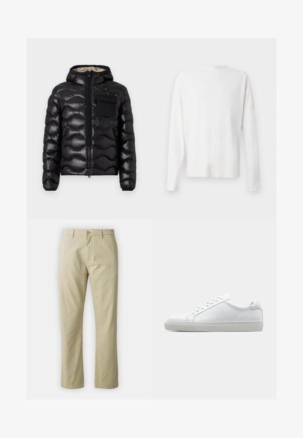 Giacca a vento nera con cappuccio, design trapuntato, chiusura con zip sul davanti e tasca sul petto. Presenta un tessuto lucido e testurizzato con polsini elasticizzati.; Camicia bianca in cotone a maniche lunghe con scollatura rotonda, spacchi laterali in fondo e una texture liscia, mostrata da dietro.; Pantaloni in cotone beige dal design a gamba dritta, con chiusura frontale a bottone e passanti per cintura. Tessuto liscio, senza motivi o dettagli visibili.; Sneaker bianco con tomaia in pelle liscia e profilo basso. Presenta una punta arrotondata, sei occhielli e una suola in gomma testurizzata.