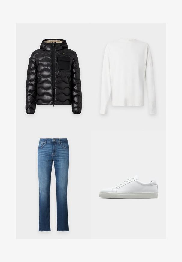 Chaqueta acolchada negra con capucha, diseño acolchado, cierre frontal con cremallera y un bolsillo en el pecho. Presenta una tela brillante y texturizada con puños elásticos.; Camisa de algodón blanca de manga larga con cuello redondo, aberturas laterales en la parte inferior y una textura suave, exhibida desde la parte de atrás.; Jeans de denim azul con corte recto, con una cintura de altura media, cinco bolsillos y una textura suave. Desgaste sutil y costuras en contraste.; Zapatilla blanca con parte superior de cuero liso y perfil bajo. Presenta una puntera redondeada, seis ojales y una suela de goma texturizada.