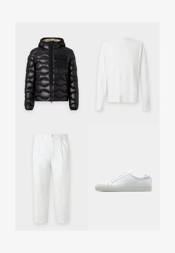 Sort puffjakke med hætte, quilted design, lynlås foran og en brystlomme. Har skinnende, struktureret stof med elastiske manchetter.; Langærmet hvid bomulds skjorte med rund halsudskæring, sideslids i bunden og en glat overflade, vist bagfra.; Hvide bomuldsbukser med lige snit, med knaplukning, plisseret front og opfoldede kanter. Glat tekstur uden synlige mønstre.; Hvide sneakers med en glat læderoverdel og lav profil. Har en rund tå, seks snørehuller og en tekstureret gummisål.