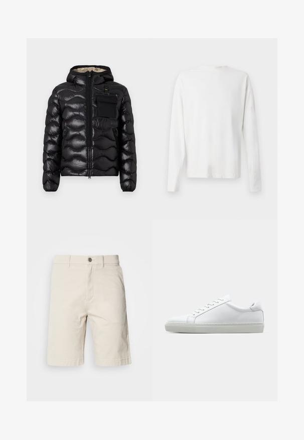 Chaqueta acolchada negra con capucha, diseño acolchado, cierre frontal con cremallera y un bolsillo en el pecho. Presenta una tela brillante y texturizada con puños elásticos.; Camisa de algodón blanca de manga larga con cuello redondo, aberturas laterales en la parte inferior y una textura suave, exhibida desde la parte de atrás.; Pantalones cortos de algodón beige con corte recto, que cuentan con un cierre frontal de botón y cremallera, bolsillos laterales y dobladillos cosidos.; Zapatilla blanca con parte superior de cuero liso y perfil bajo. Presenta una puntera redondeada, seis ojales y una suela de goma texturizada.