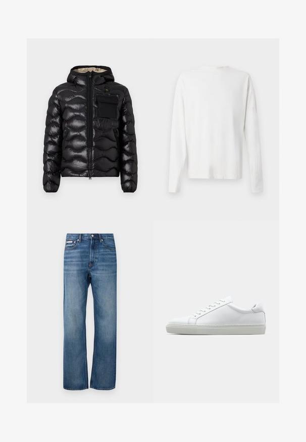 Μαύρο μπουφάν πούφ, με κουκούλα, κατά προτίμηση σε σχεδίαση ραφών, με μπροστινό φερμουάρ και τσέπη στο στήθος. Διαθέτει λαμπερό, υφασμάτινο υλικό με ελαστικές μανσέτες.; Λευκό βαμβακερό πουκάμισο μακρυμάνικο με στρογγυλή λαιμόκοψη, πλαϊνές σχισμές στο κάτω μέρος και λεία υφή, εμφανιζόμενο από πίσω.; Μπλε τζιν παντελόνι ίσιου κόψιμου με ελαφριά φθορά, κλείσιμο με κουμπί μπροστά και μικρή ετικέτα λογότυπου στην δεξιά μπροστινή τσέπη.; Λευκό αθλητικό παπούτσι με άνω μέρος από λείο δέρμα και χαμηλό προφίλ. Διαθέτει στρογγυλεμένη μύτη, έξι τρυπούλες και υφασμένη καουτσούκ σόλα.