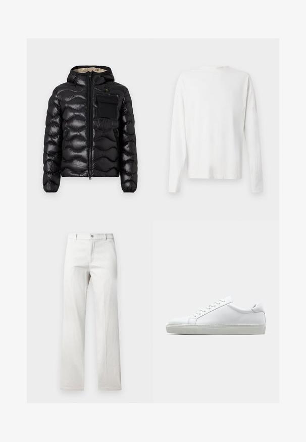 Chaqueta acolchada negra con capucha, diseño acolchado, cierre frontal con cremallera y un bolsillo en el pecho. Presenta una tela brillante y texturizada con puños elásticos.; Camisa de algodón blanca de manga larga con cuello redondo, aberturas laterales en la parte inferior y una textura suave, exhibida desde la parte de atrás.; Pantalones grises claros con un diseño de pierna recta, fabricados en una tela suave, con cierre frontal de botón y bolsillos laterales.; Zapatilla blanca con parte superior de cuero liso y perfil bajo. Presenta una puntera redondeada, seis ojales y una suela de goma texturizada.