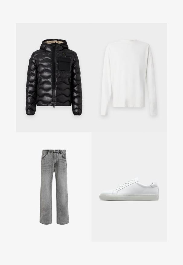 Chaqueta acolchada negra con capucha, diseño acolchado, cierre frontal con cremallera y un bolsillo en el pecho. Presenta una tela brillante y texturizada con puños elásticos.; Camisa de algodón blanca de manga larga con cuello redondo, aberturas laterales en la parte inferior y una textura suave, exhibida desde la parte de atrás.; Jeans de mezclilla gris con diseño de pierna recta, cintura alta, cinco bolsillos y textura deslavada. Cuenta con cierre de botones y presillas para cinturón.; Zapatilla blanca con parte superior de cuero liso y perfil bajo. Presenta una puntera redondeada, seis ojales y una suela de goma texturizada.