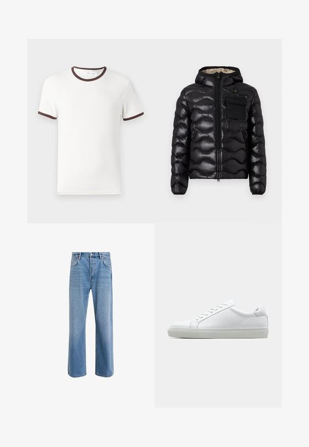 Sort puffjakke med hætte, quilted design, lynlås foran og en brystlomme. Har skinnende, struktureret stof med elastiske manchetter.; Hvid T-shirt med korte ærmer og brun ribbet halsudskæring samt ærmekanter, fremstillet af blødt bomuldsstof. Enkel og klassisk design.; Lyseblå denim jeans med lige ben-design, fem lommer, knaplukning, minimal falming og kontraststingdetaljer.; Hvide sneakers med en glat læderoverdel og lav profil. Har en rund tå, seks snørehuller og en tekstureret gummisål.