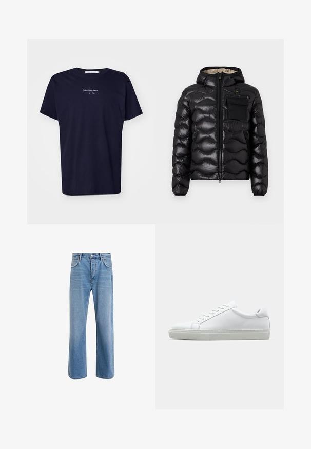 Melna pūka jaka ar kapuci, izšūti dizainu, ar rāvējslēdzēju priekšā un krūšu kabatu. Iezīmējas ar spīdīgu, teksturētu audumu un elastīgām piedurknēm.; Tumši zila kokvilnas T-kreklu ar īsām piedurknēm, ar logotipu un tekstu "Calvin Klein Jeans" smalkā, kontrastējošā drukā uz priekšpuses.; Gai zilas džinsu bikses ar taisnām kājām, piecām kabatām, pogu aizvēršanu, minimālu izbalēšanu un kontrastējošiem šuvju elementiem.; Baltie sporta apavi ar gludu ādas virsu un zemu profilu. Iezīmējas ar noapaļotu purngalu, sešām acīm un teksturētu gumijas zoli.