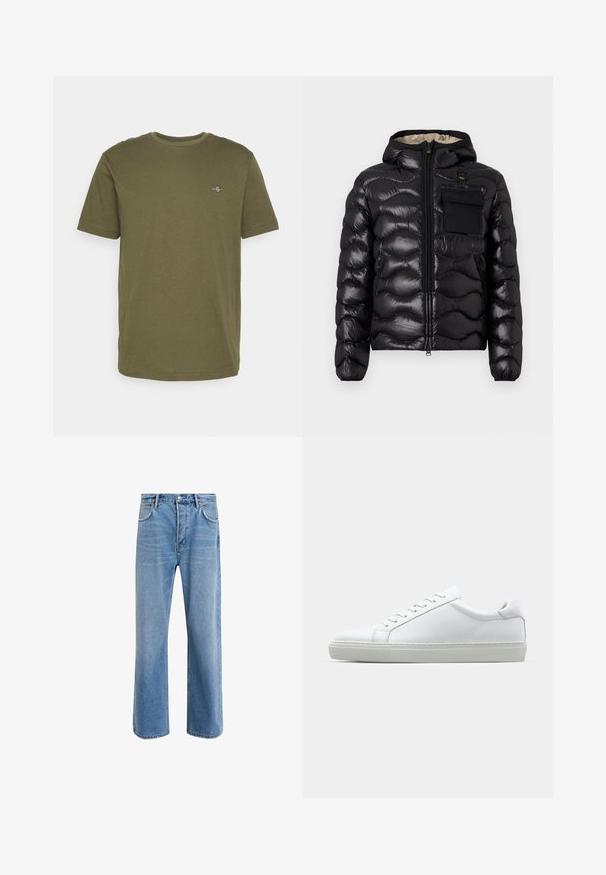 Černá prošívaná bunda s kapucí, zipem vpředu a náprsní kapsou. Obsahuje lesklou, strukturovanou látku s elastickými manžetami.; Olivově zelené bavlněné tričko s krátkým rukávem, kulatým výstřihem a malým výšivkovým logem na hrudi. Hladká textura, neformální design.; Světle modré džínové kalhoty s rovnými nohavicemi, pěti kapsami, zapínáním na knoflík, minimálním vyblednutím a kontrastním prošitím.; Bílé tenisky s hladkým koženým svrškem a nízkým profilem. Mají zaoblenou špičku, šest nýtů a texturovanou gumovou podrážku.