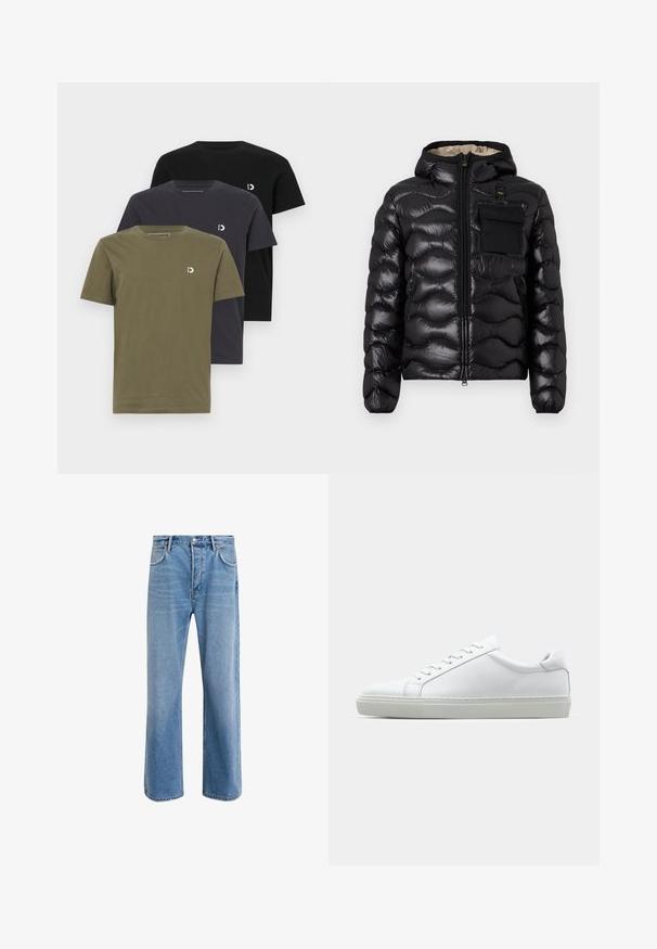 Černá prošívaná bunda s kapucí, zipem vpředu a náprsní kapsou. Obsahuje lesklou, strukturovanou látku s elastickými manžetami.; Tři trička s krátkým rukávem v olivově zelené, tmavě šedé a černé barvě. Vyrobena z měkké bavlny, každé má malé logo na hrudi.; Světle modré džínové kalhoty s rovnými nohavicemi, pěti kapsami, zapínáním na knoflík, minimálním vyblednutím a kontrastním prošitím.; Bílé tenisky s hladkým koženým svrškem a nízkým profilem. Mají zaoblenou špičku, šest nýtů a texturovanou gumovou podrážku.