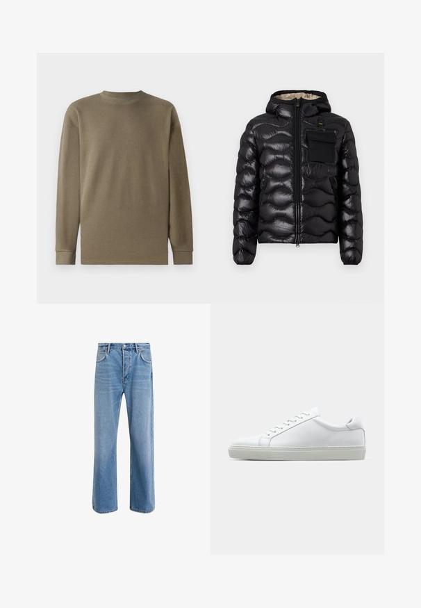 Schwarze Pufferjacke mit Kapuze, gestepptem Design, Reißverschluss vorne und einer Brusttasche. Aus glänzendem, strukturiertem Stoff mit elastischen Bündchen.; Olivgrünes langärmliges Oberteil mit Textur, Rundhalsausschnitt und geripptem Stoff, mit geradem Saum und strukturierten Ärmeln.; Helle blaue Jeans im Geradeschnitt-Design, mit fünf Taschen, Knopfverschluss, minimaler Ausbleichung und kontrastierenden Nähdetails.; Weißer Sneaker mit glattem Lederobermaterial und niedrigem Profil. Verfügt über eine runde Zehenpartie, sechs Ösen und eine strukturierte Gummisohle.